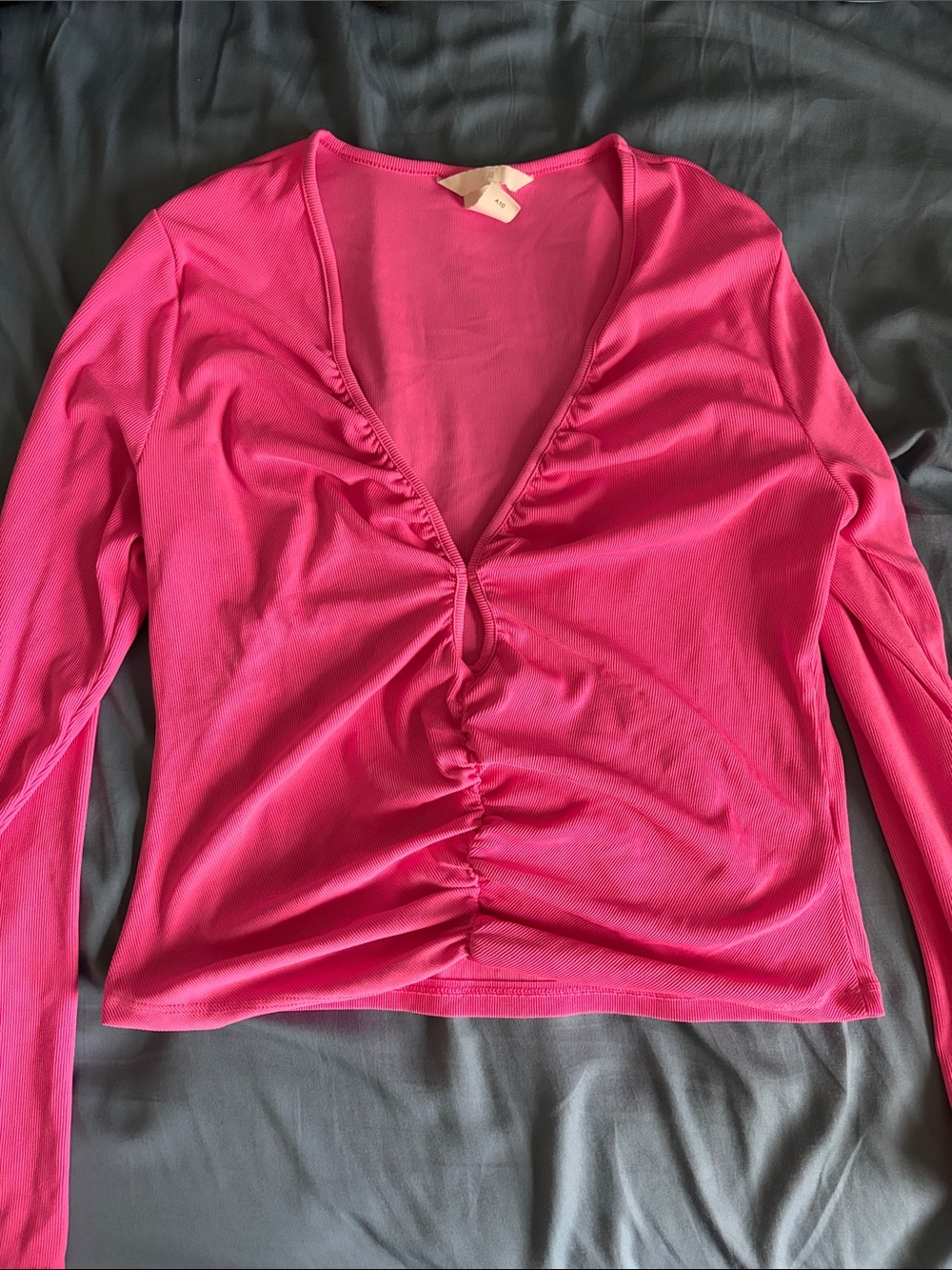 H&M Hot Pink Ruched V-Neck Long Sleeve Top
